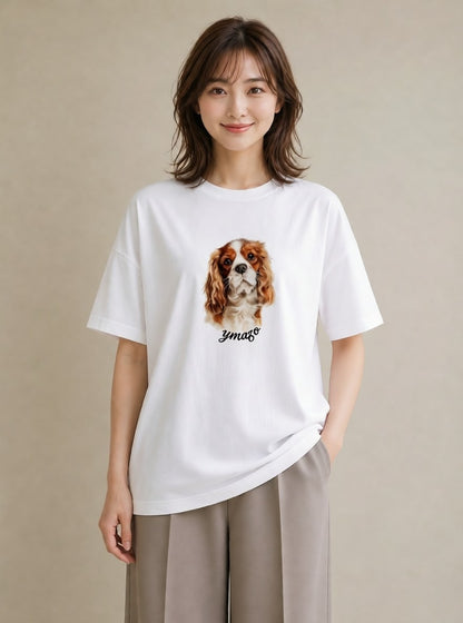 半袖Tシャツ レディース キャバリア 犬 いぬ イラスト ゆるかわ 帰省 ラフ 白T YMAZO