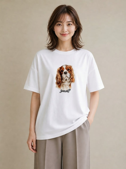 半袖Tシャツ レディース キャバリア 犬 いぬ イラスト ゆるかわ 帰省 ラフ 白T