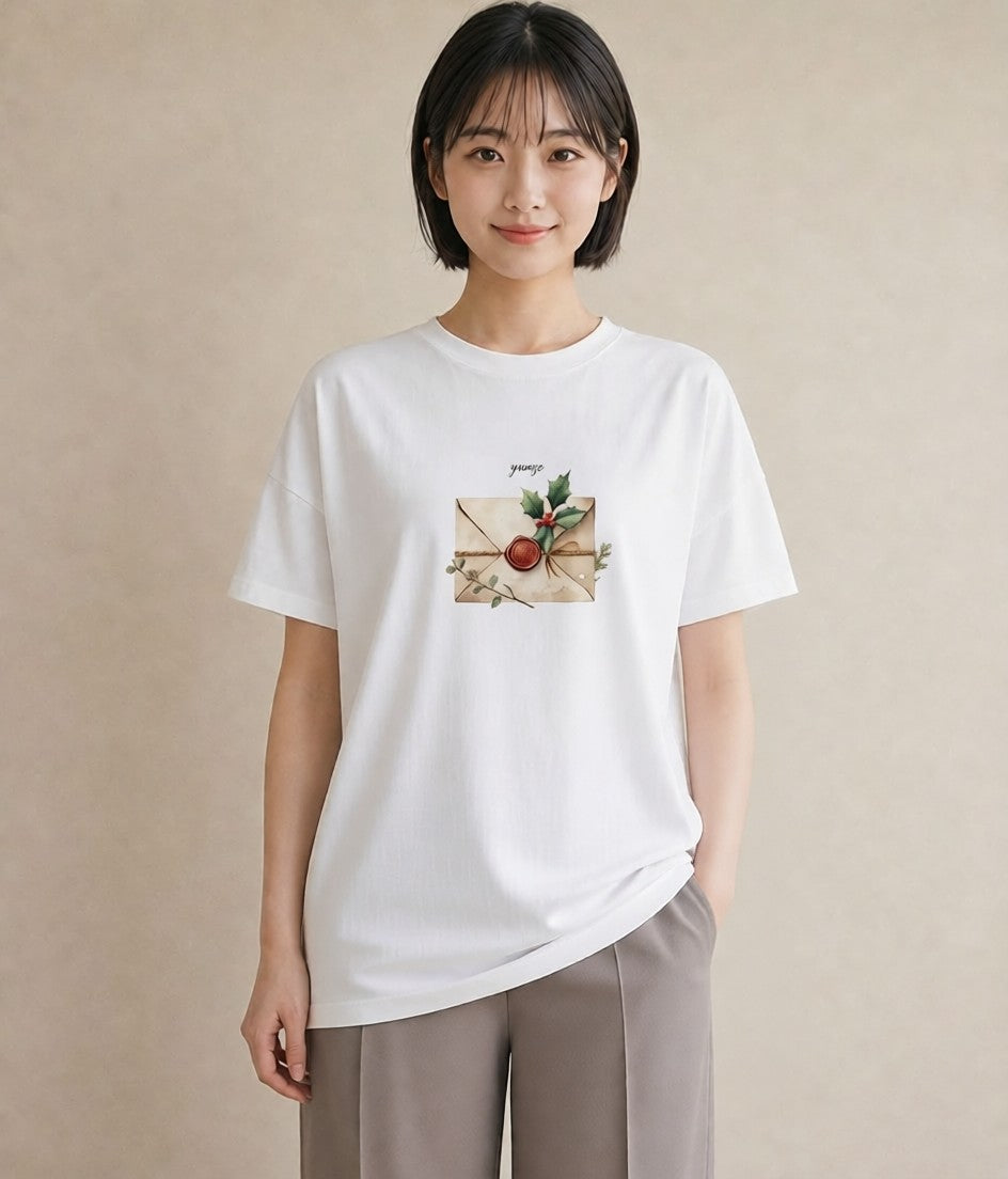 Tシャツ レディース 封蝋 手紙 アンティーク ナチュラル イラスト フェミニン カフェ巡り 女子会 白T YMAZO