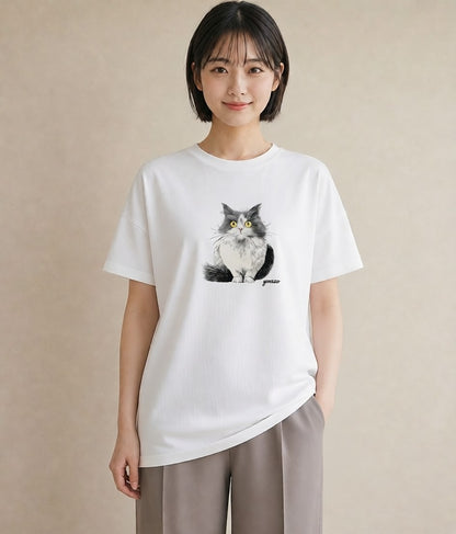 半袖Tシャツ レディース サバトラ 猫 ねこ イラスト ニュアンス 在宅 公園 白T YMAZO