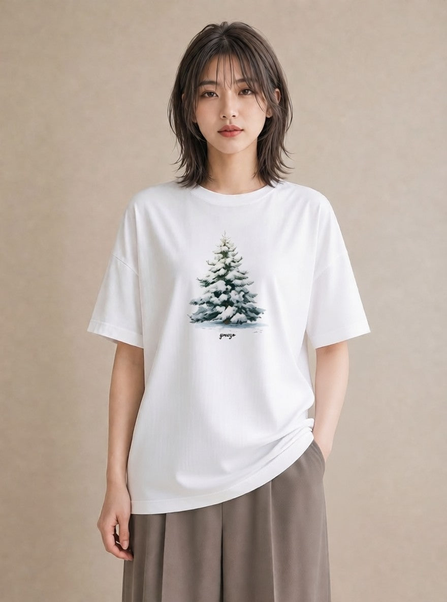 Tシャツ レディース 雪 星空 宇宙 イラスト 個性的 デイリーウェア 休日 白T YMAZO