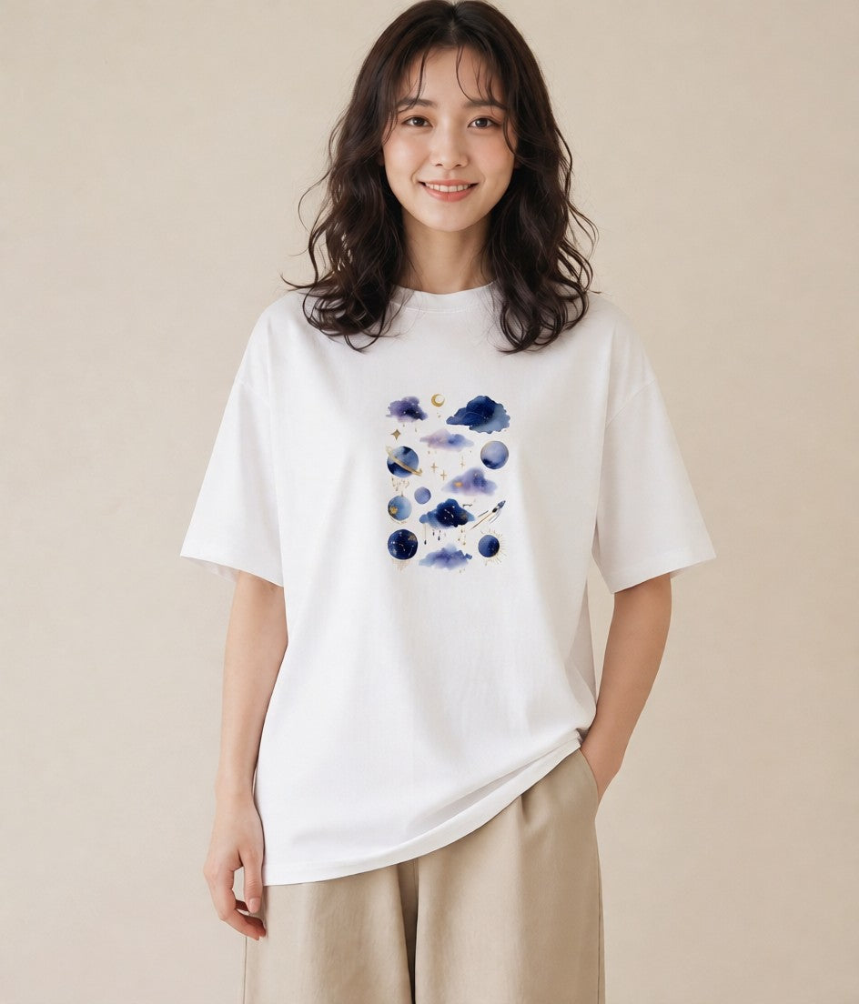 プリントTシャツ レディース 宇宙 星空 イラスト 韓国風 在宅 公園 白T YMAZO