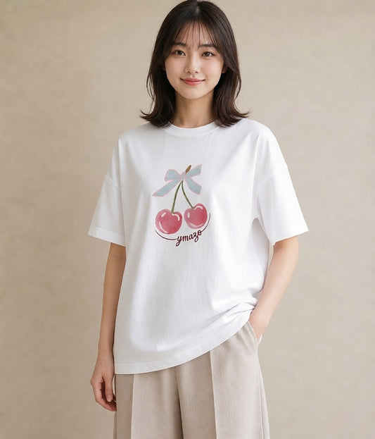 グラフィックTシャツ レディース さくらんぼ チェリー 食べ物 フード イラスト ナチュラル 海 カフェ巡り 白T YMAZO