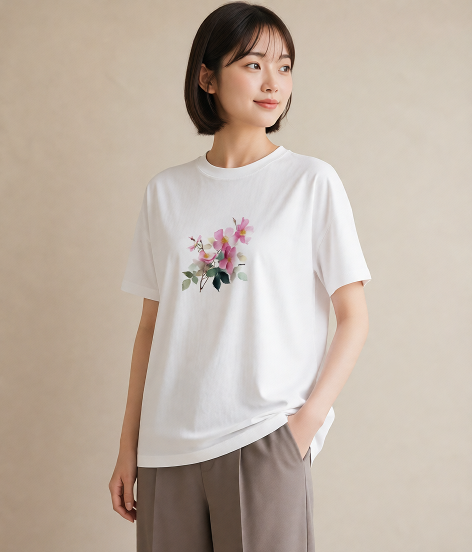 半袖Tシャツ レディース 椿 花 花柄 イラスト 旅行コーデ 週末コーデ 敬老の日 白T