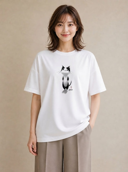 半袖Tシャツ レディース ハチワレ 白黒猫 猫 ねこ イラスト 抜け感 公園 ママ 白T YMAZO