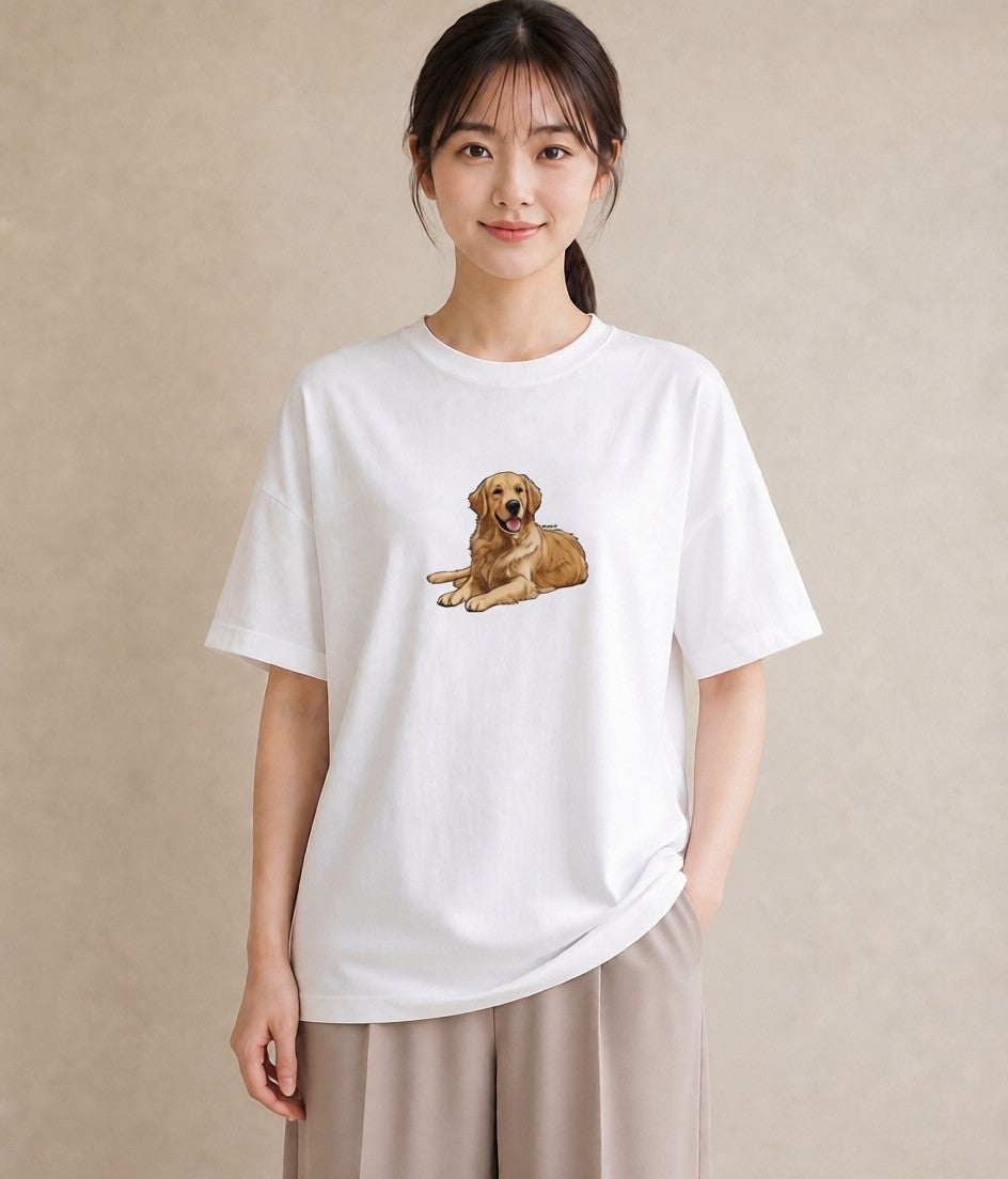 デザインTシャツ レディース ゴールデンレトリバー ゴールデン 犬 いぬ イラスト きれいめカジュアル ママ カフェ服 白T YMAZO