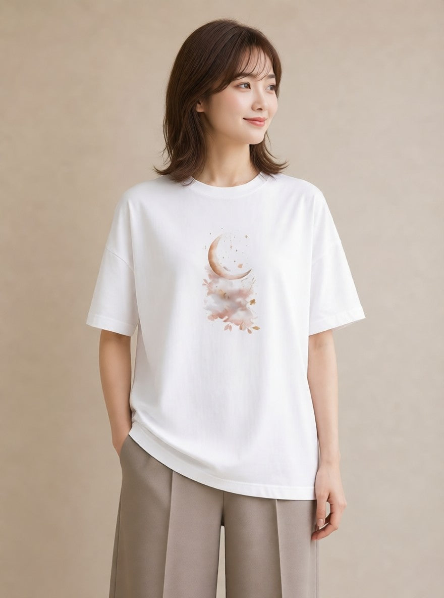 半袖Tシャツ レディース 星空 宇宙 イラスト カフェコーデ ラフ レイヤード 白T YMAZO