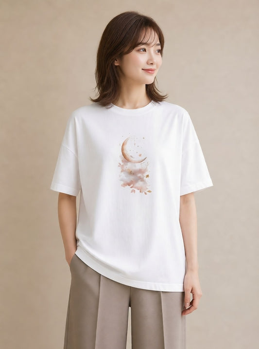 半袖Tシャツ レディース 星空 宇宙 イラスト カフェコーデ ラフ レイヤード 白T YMAZO