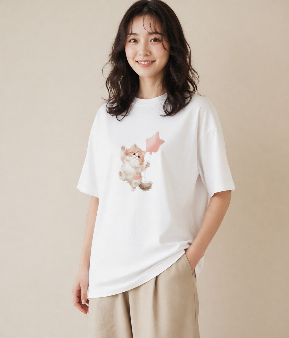 デザインTシャツ レディース ペルシャ 猫 ねこ イラスト カジュアル ビーチ デイリーウェア 白T YMAZO