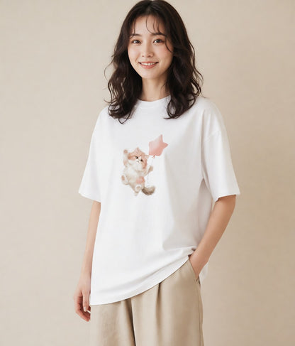 デザインTシャツ レディース ペルシャ 猫 ねこ イラスト カジュアル ビーチ デイリーウェア 白T YMAZO