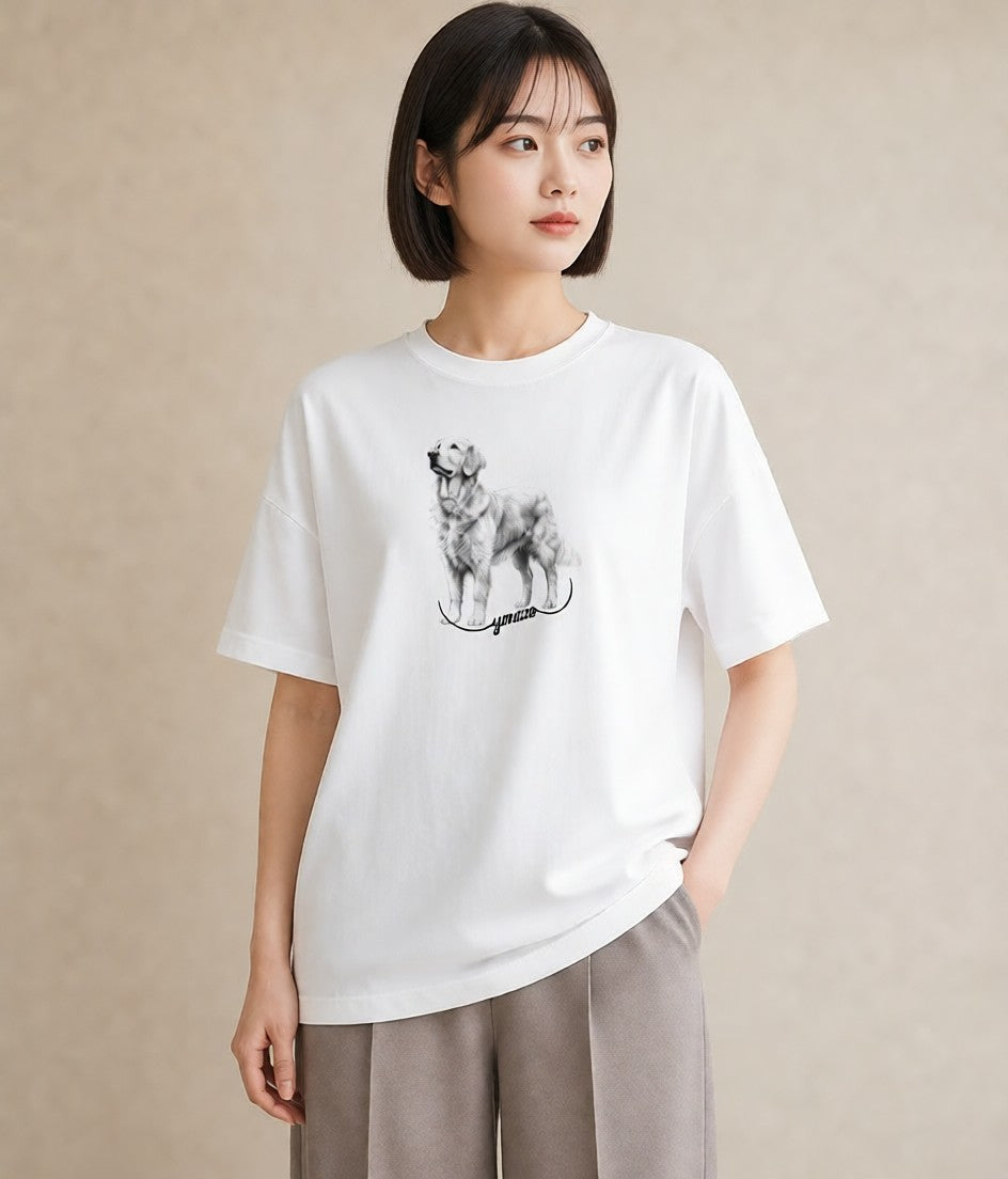 Tシャツ レディース ゴールデンレトリバー ゴールデン 犬 いぬ イラスト きれいめ 母の日 ビーチ 白T YMAZO
