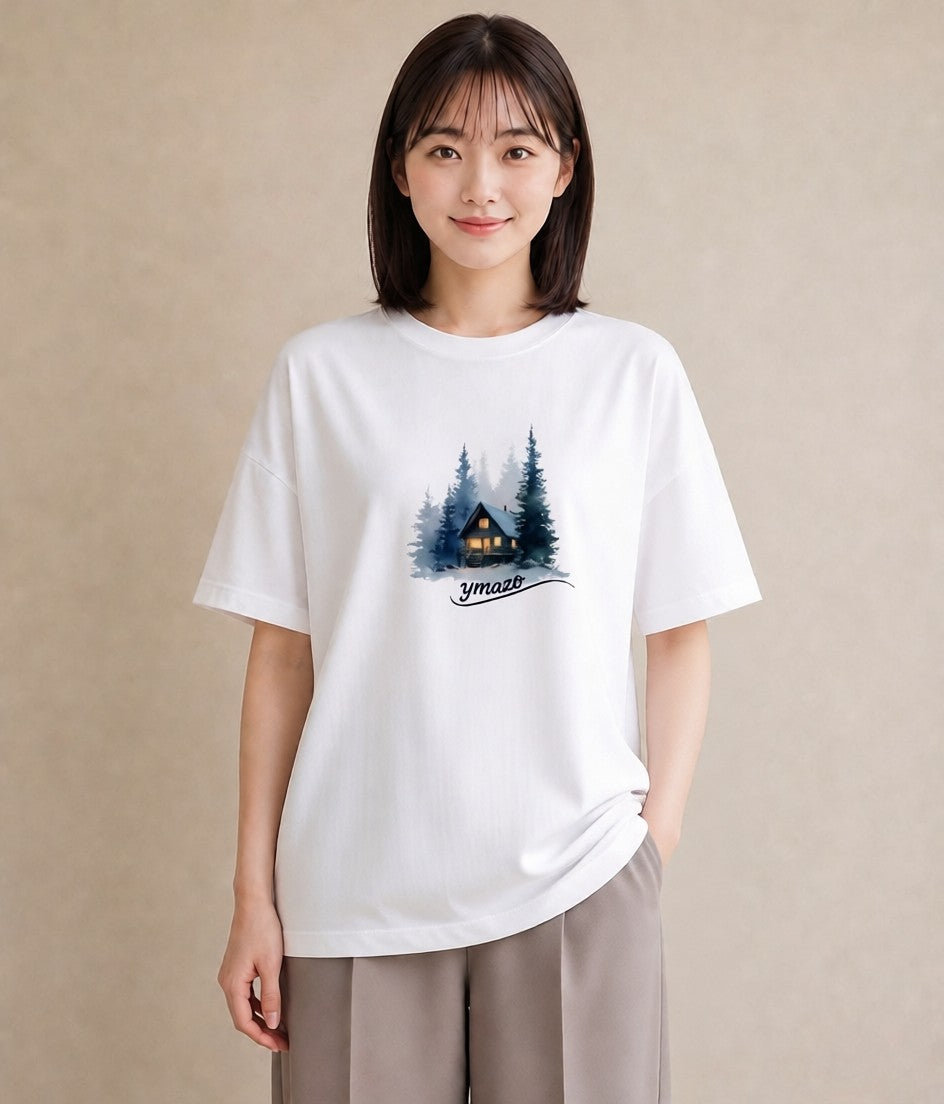 半袖Tシャツ レディース 灯りの家 小屋 夜 ナチュラル アンティーク イラスト カフェコーデ ラフ レイヤード 白T YMAZO