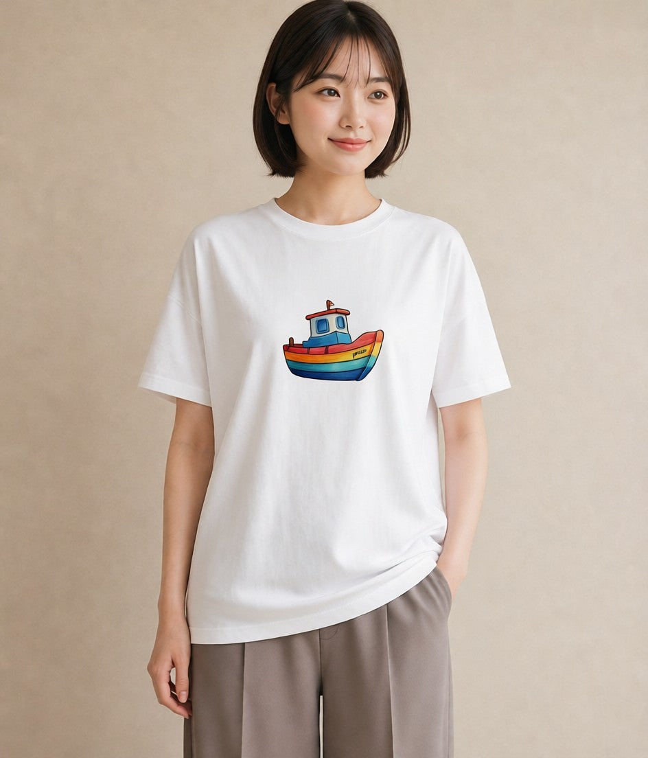 Tシャツ レディース 紙の船 水辺 ナチュラル アンティーク イラスト ポップ 週末コーデ 敬老の日 白T YMAZO