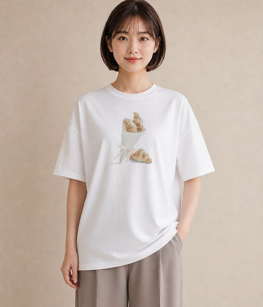 グラフィックTシャツ レディース クロワッサン 食べ物 フード イラスト 手描き風 女性向けギフト 散歩 白T YMAZO