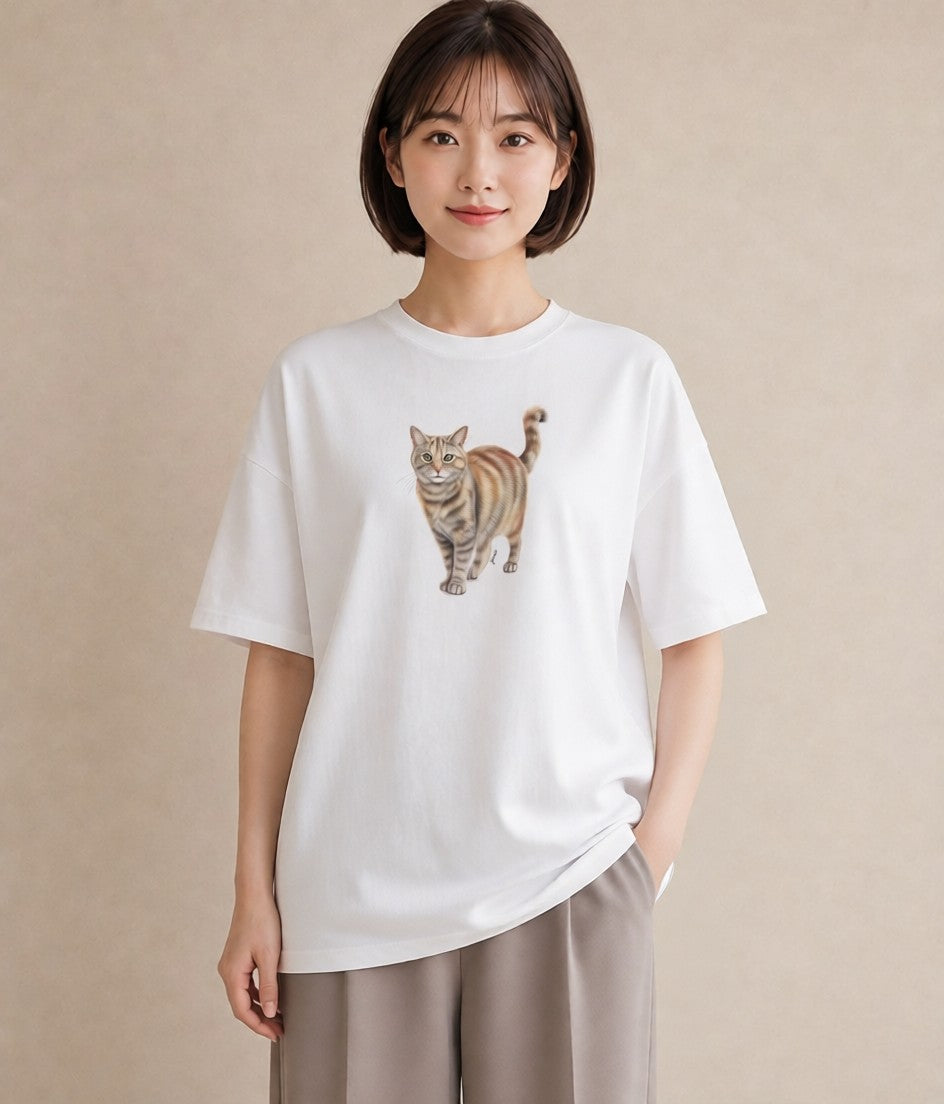 プリントTシャツ レディース スコティッシュフォールド 猫 ねこ イラスト 北欧風 カジュアルコーデ 買い物 白T YMAZO