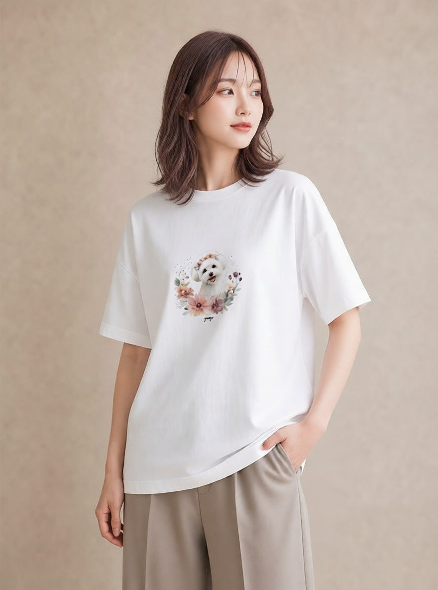 グラフィックTシャツ レディース ビションフリーゼ 犬 いぬ イラスト 水彩風 20代 カジュアルコーデ 白T YMAZO
