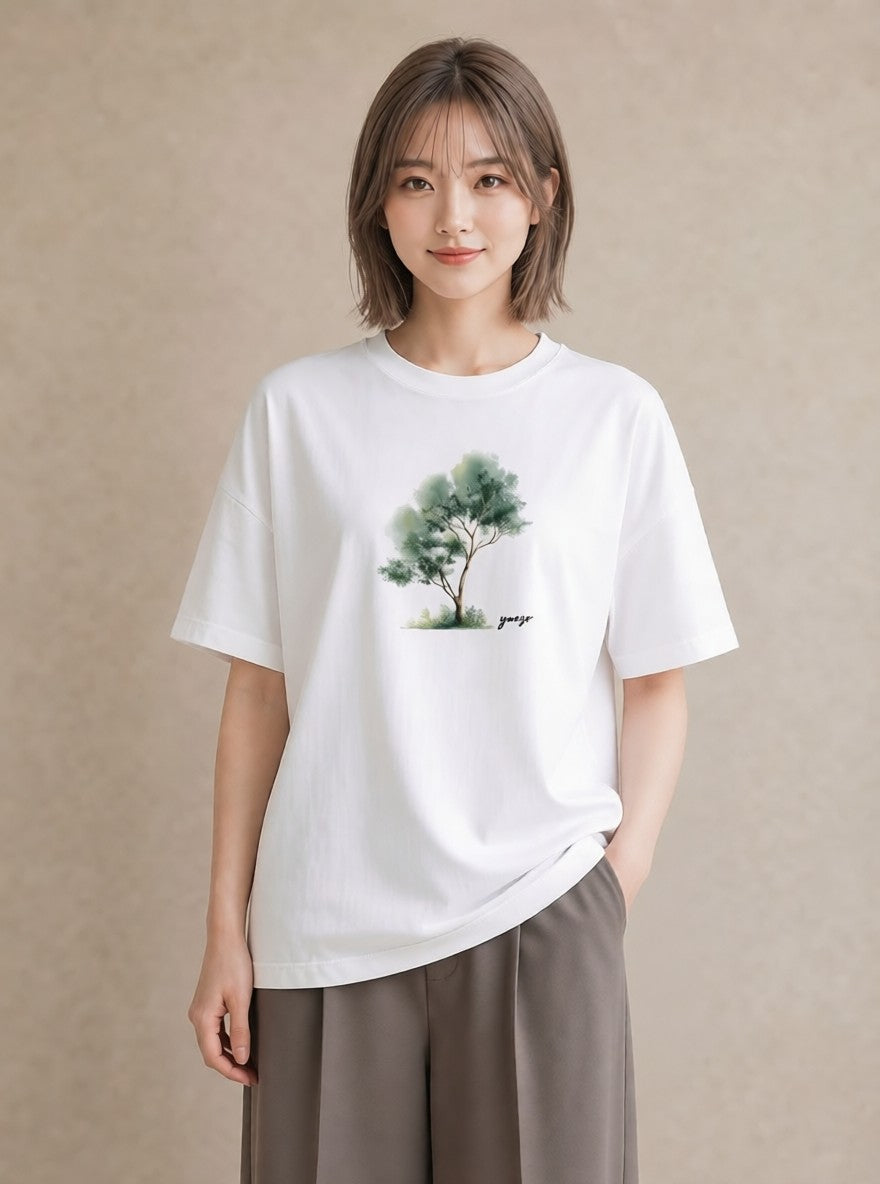 グラフィックTシャツ レディース 青の水彩 風景 ブルー ナチュラル アンティーク イラスト モード 休日 ペアコーデ 白T YMAZO