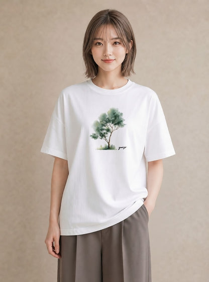 グラフィックTシャツ レディース 青の水彩 風景 ブルー ナチュラル アンティーク イラスト モード 休日 ペアコーデ 白T YMAZO
