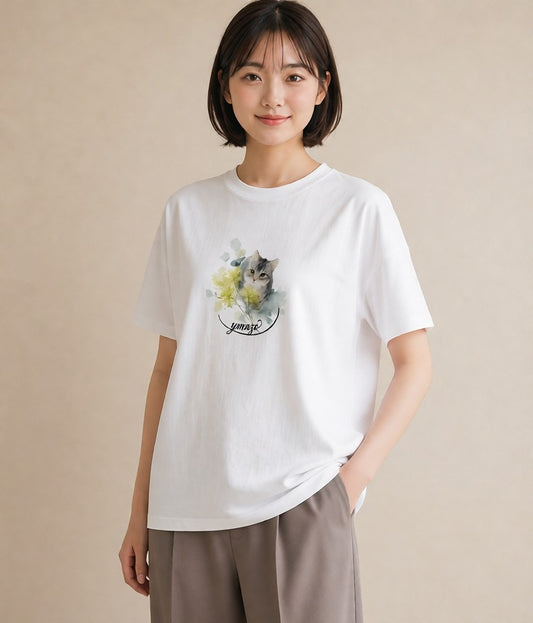 半袖Tシャツ レディース アメリカンショートヘア 猫 ねこ イラスト 抜け感 デイリーウェア 休日 白T YMAZO