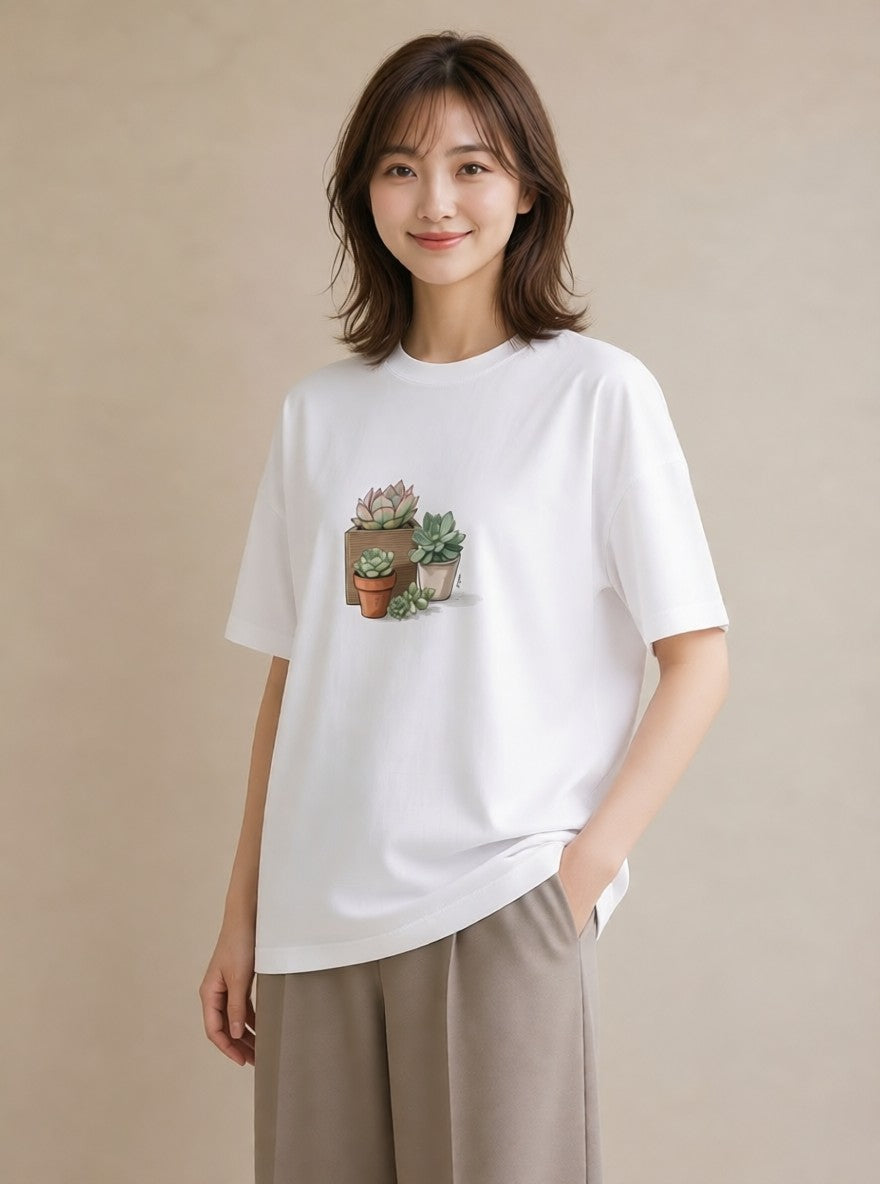 半袖Tシャツ レディース 多肉植物 植物 ボタニカル イラスト レトロ 夏コーデ 通学 白T YMAZO