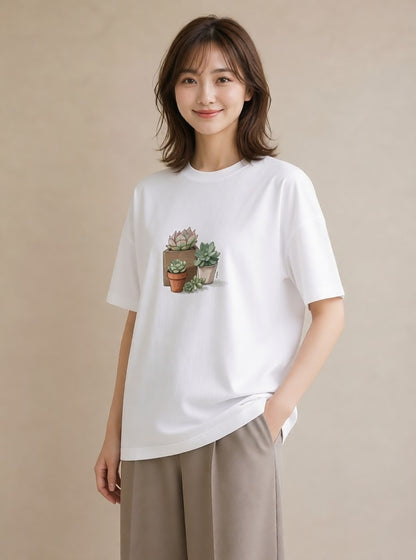 半袖Tシャツ レディース 多肉植物 植物 ボタニカル イラスト レトロ 夏コーデ 通学 白T YMAZO