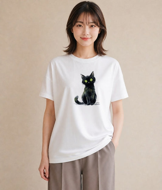 デザインTシャツ レディース 黒猫 猫 ねこ イラスト アート風 母娘コーデ 自分用 白T YMAZO