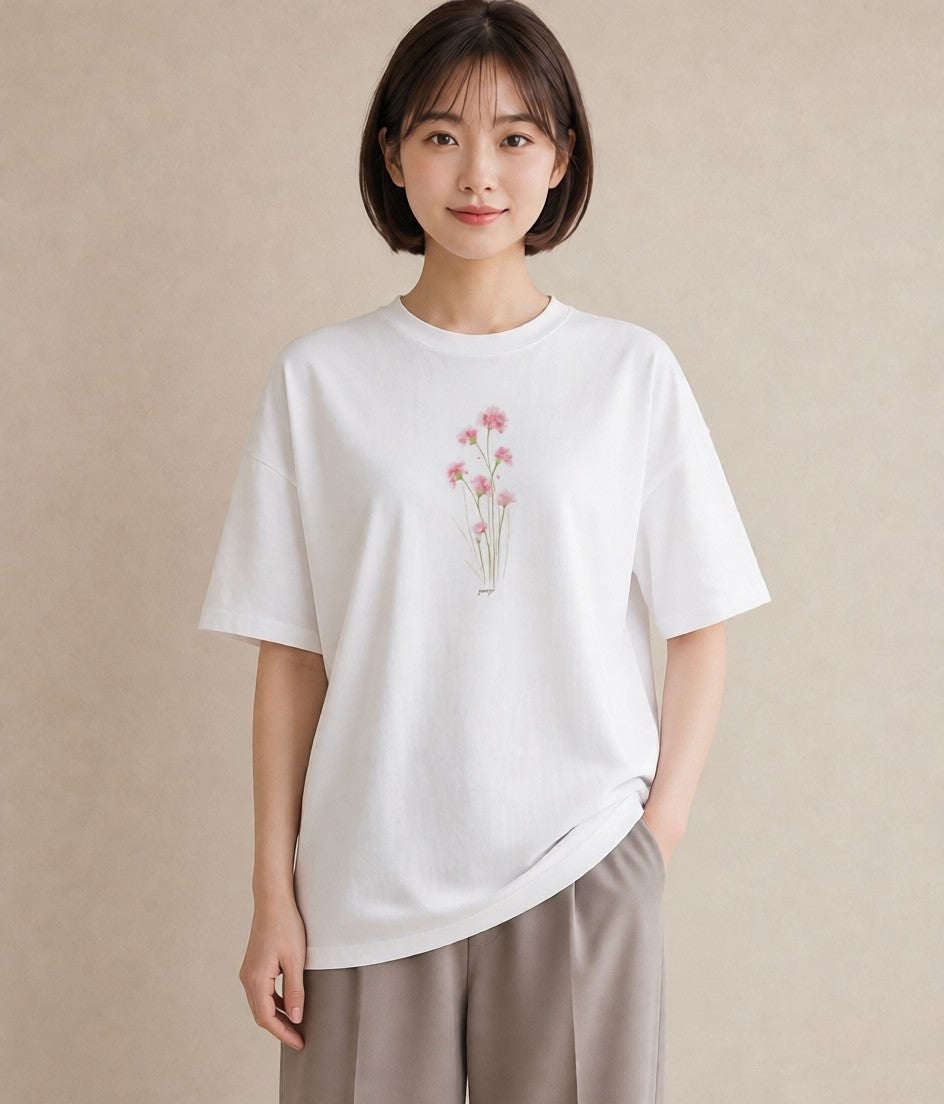 Tシャツ レディース ミモザ 花 花柄 イラスト 韓国風 カジュアルコーデ 買い物 白T YMAZO