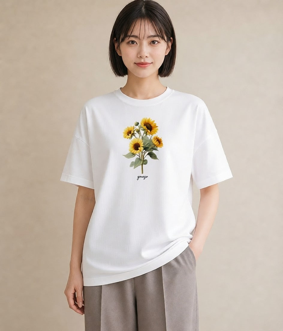 デザインTシャツ レディース ひまわり 向日葵 花 花柄 イラスト ラフカジュアル 部屋着 女性向けギフト 白T YMAZO
