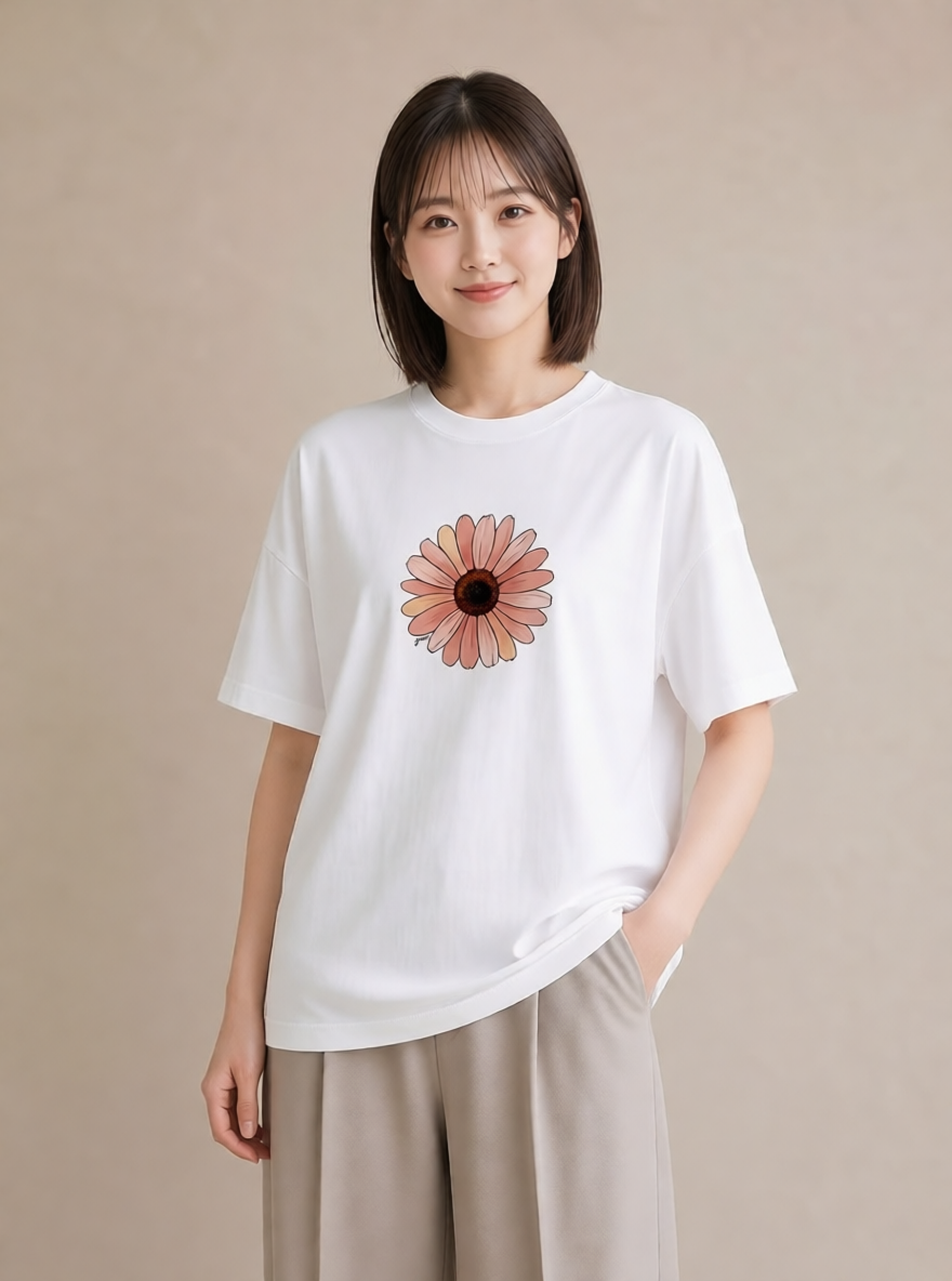 Tシャツ レディース ひまわり 向日葵 花 花柄 イラスト 帰省 ラフ 白T YMAZO