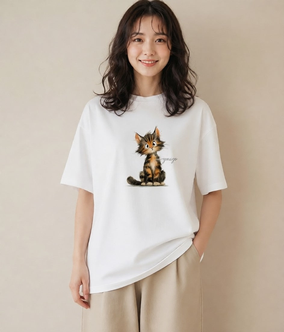 Tシャツ レディース 茶トラ 茶猫 猫 ねこ イラスト ボタニカル カジュアルコーデ 買い物 白T YMAZO