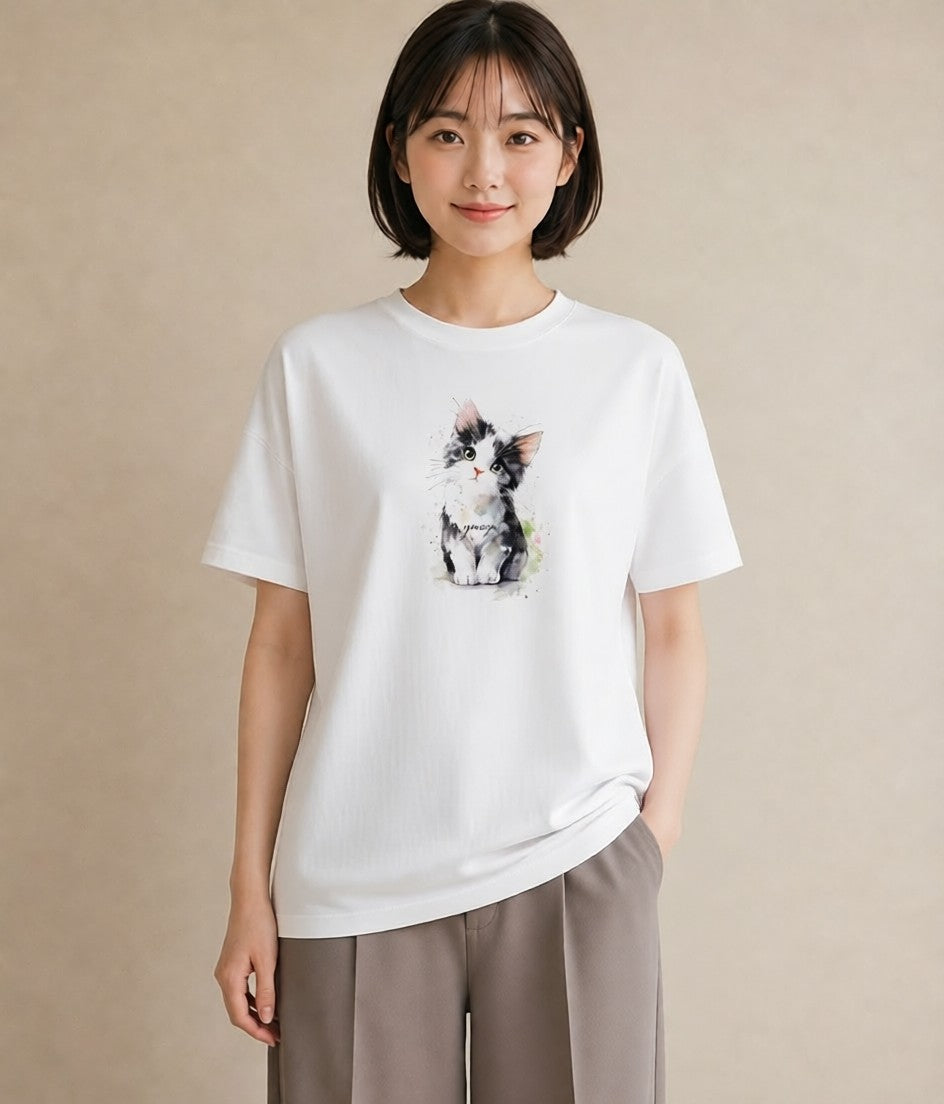 半袖Tシャツ レディース 猫 ねこ イラスト 北欧風 誕生日プレゼント 綿100 白T YMAZO