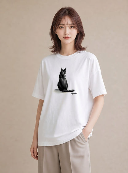 Tシャツ レディース 黒猫 猫 ねこ イラスト ユニーク 散歩 お出かけ 白T YMAZO