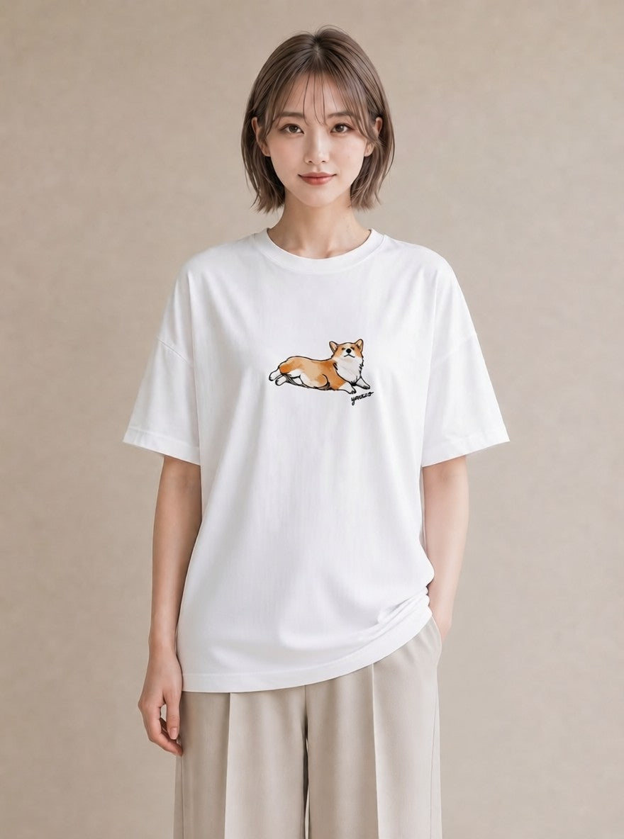 半袖Tシャツ レディース ウェルシュコーギー コーギー 犬 いぬ イラスト お洒落 ホワイトデー 春服 白T YMAZO