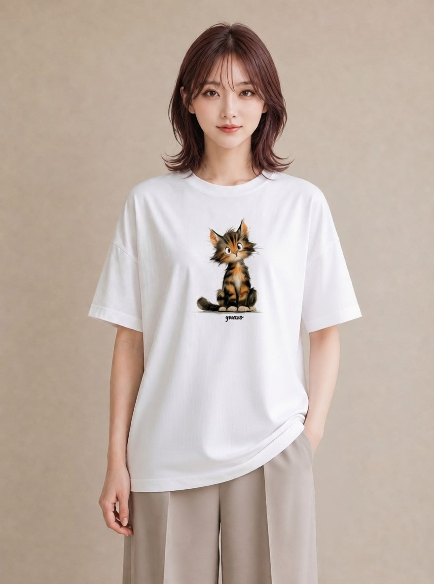 半袖Tシャツ レディース ぶち猫 猫 ねこ イラスト カフェコーデ 公園 ママ 白T YMAZO