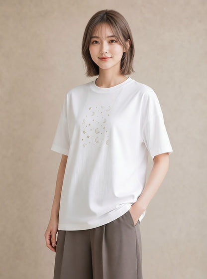 プリントTシャツ レディース 月と星 星空 ムーン イラスト フェミニン 敬老の日 ホワイトデー 白T YMAZO