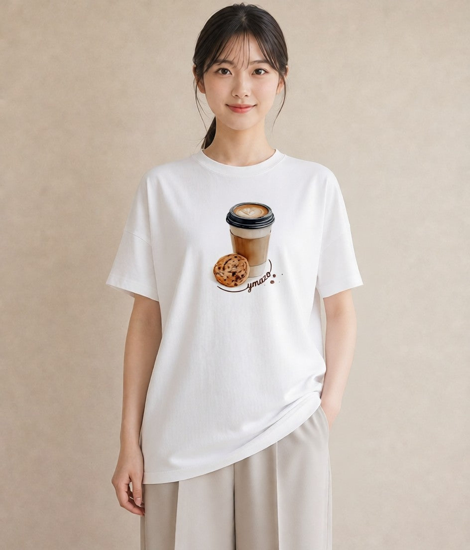 Tシャツ レディース カフェラテ 食べ物 フード イラスト 線画 春服 ミセス 白T YMAZO
