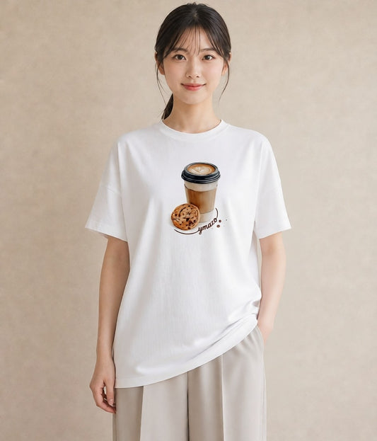 Tシャツ レディース カフェラテ 食べ物 フード イラスト 線画 春服 ミセス 白T YMAZO