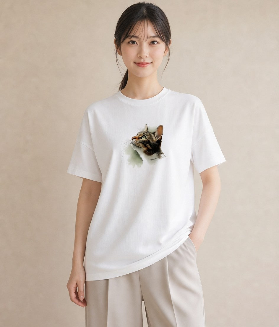 グラフィックTシャツ レディース ぶち猫 猫 ねこ イラスト アート風 女性向けギフト 散歩 白T YMAZO