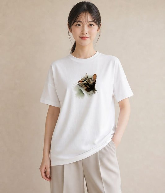 グラフィックTシャツ レディース ぶち猫 猫 ねこ イラスト アート風 女性向けギフト 散歩 白T YMAZO