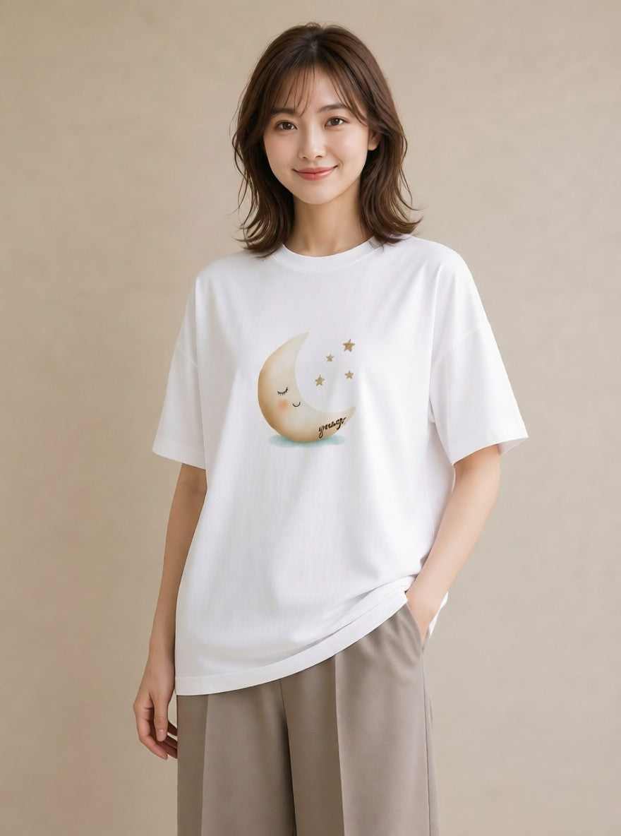 グラフィックTシャツ レディース 月 星空 宇宙 イラスト ヴィンテージ風 部屋着 女性向けギフト 白T YMAZO