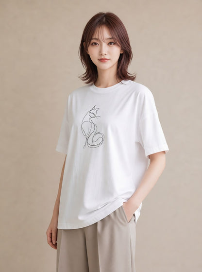 半袖Tシャツ レディース 猫 ねこ ネコ イラスト 休日コーデ 送別ギフト 通勤 白T YMAZO