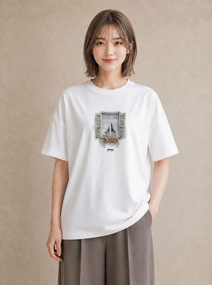 プリントTシャツ レディース 窓辺の雨 雨の日 窓 ナチュラル アンティーク イラスト ミニマル レイヤード 友達ギフト 白T YMAZO