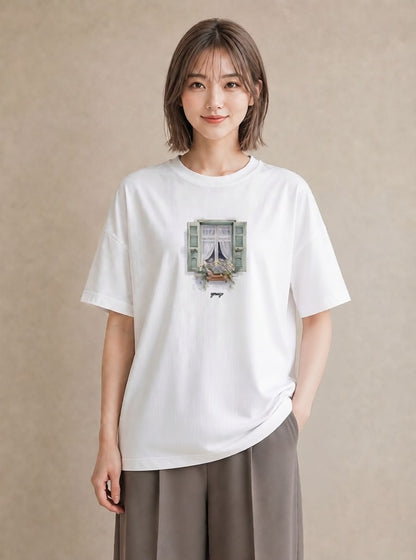 プリントTシャツ レディース 窓辺の雨 雨の日 窓 ナチュラル アンティーク イラスト ミニマル レイヤード 友達ギフト 白T YMAZO