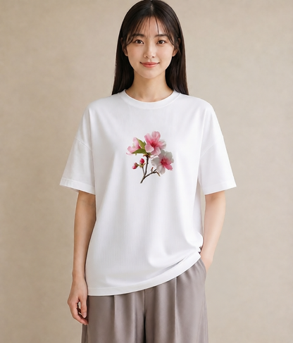 半袖Tシャツ レディース 梅 花 花柄 イラスト きれいめ 週末コーデ 敬老の日 白T