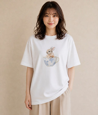 プリントTシャツ レディース ウサギ系野生 動物 アニマル イラスト 線画 友達ギフト 部屋着 白T YMAZO