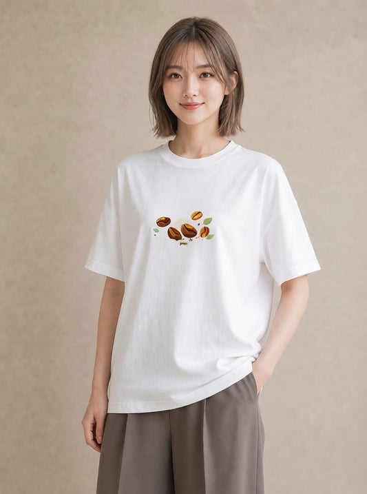 半袖Tシャツ レディース コーヒー 珈琲 カフェ 食べ物 フード イラスト ラフ 帰省 白T YMAZO