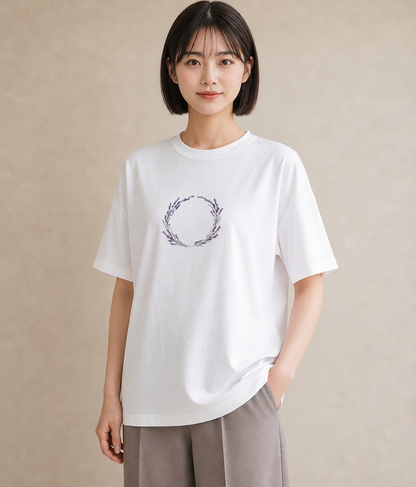 半袖Tシャツ レディース ラベンダー 花 花柄 イラスト ラフ デート 帰省 白T