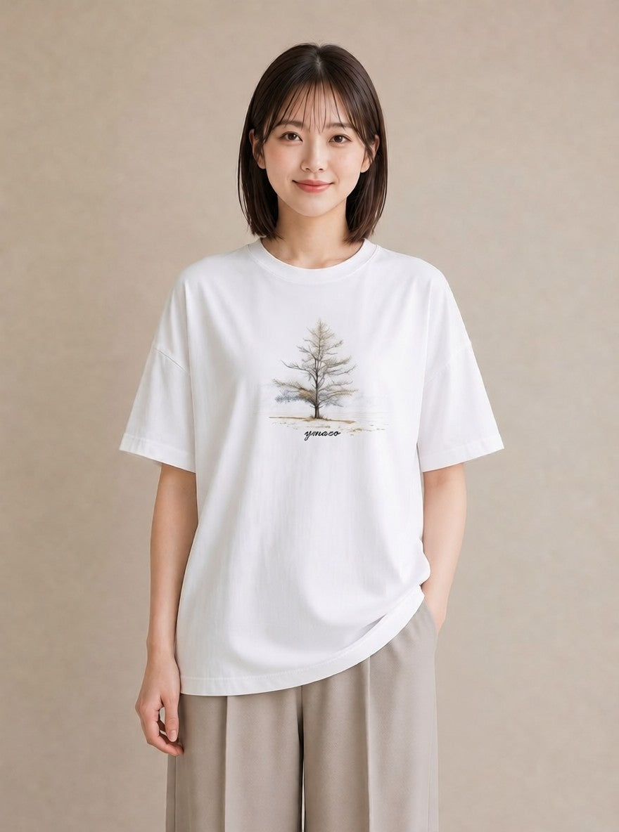 半袖Tシャツ レディース 青の水彩 風景 ブルー ナチュラル アンティーク イラスト こなれ感 週末コーデ 敬老の日 白T YMAZO