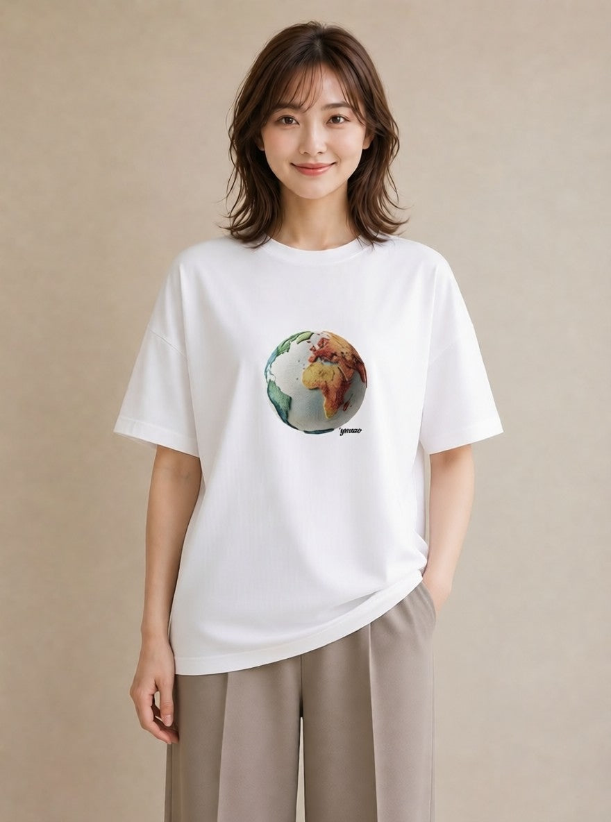 半袖Tシャツ レディース 地球 星空 宇宙 イラスト 北欧風 誕生日プレゼント 綿100 白T YMAZO