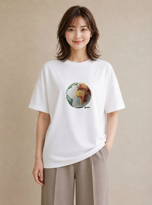 半袖Tシャツ レディース 地球 星空 宇宙 イラスト 北欧風 誕生日プレゼント 綿100 白T YMAZO